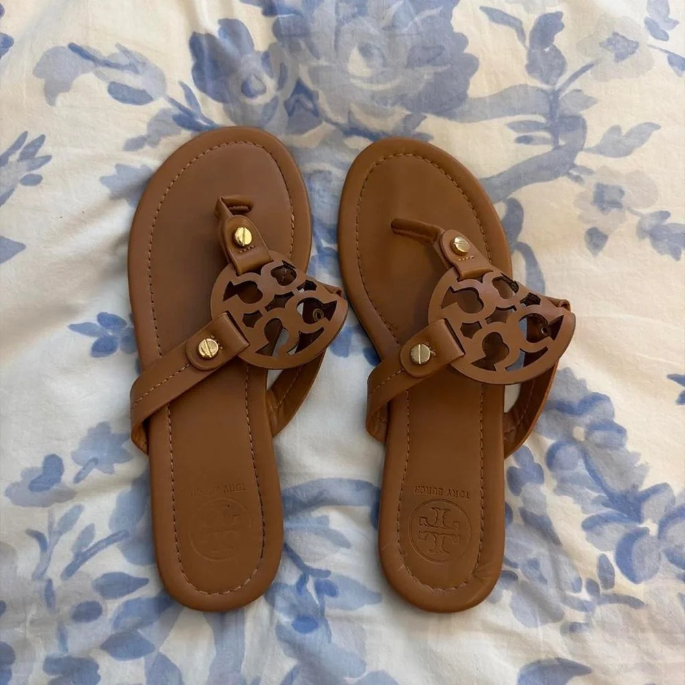 Tory Burch Brown Leather Logo Thong Sandals